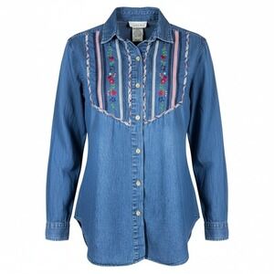 Vtg 90s Casey & Max Embroidered Shirt Small Blue Cotton Chambray Western Plaid